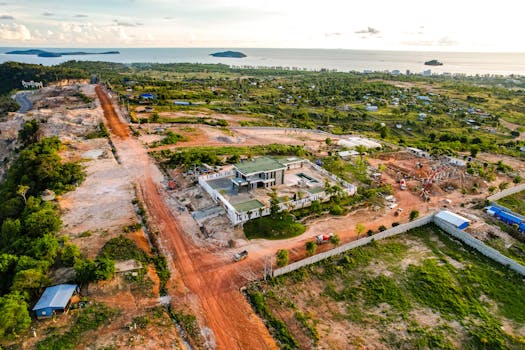 Panoramic aerial view of a coastal construction site with villas morocco