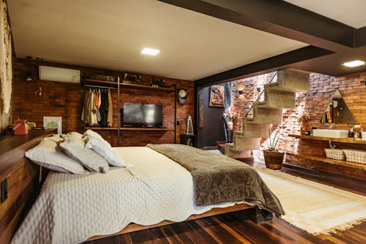 Stylish bedroom in Santa Teresa, Brasil with exposed brick and modern design.