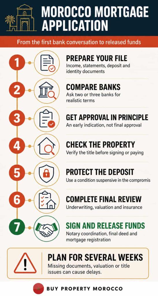 Timeline showing the Moroccan mortgage application process from initial bank review to release of funds.