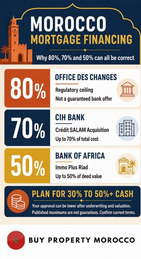 Timeline showing the Moroccan mortgage application process from initial bank review to release of funds.