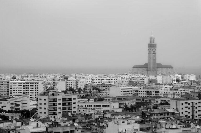 Aerial view of Casablanca highlighting the iconic Hassan II Mosque in black and white.