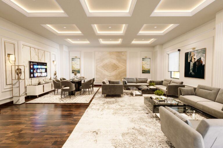 Luxurious modern interior of a spacious living room with elegant furnishings and soft lighting.