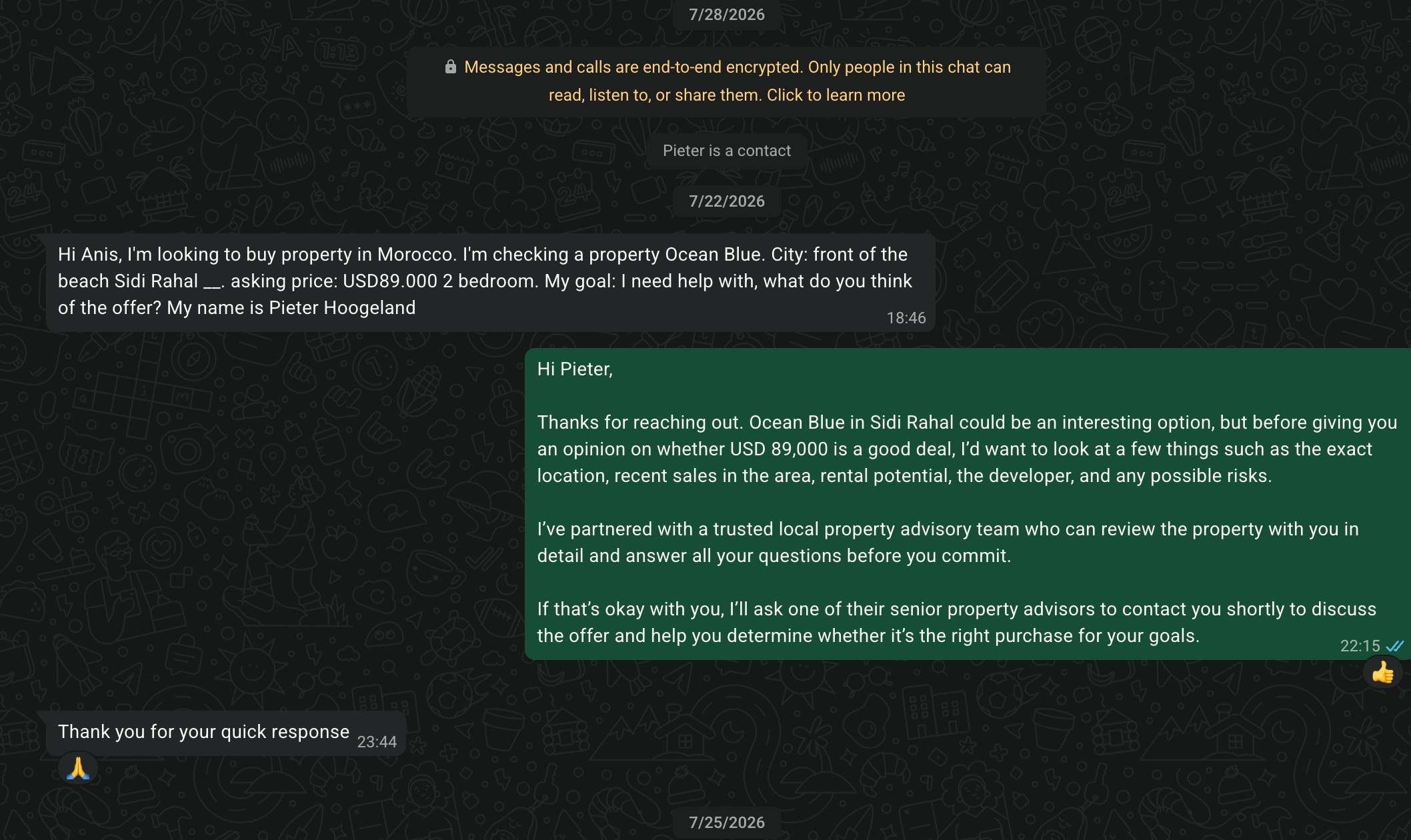 Example WhatsApp conversation with a Morocco property buyer