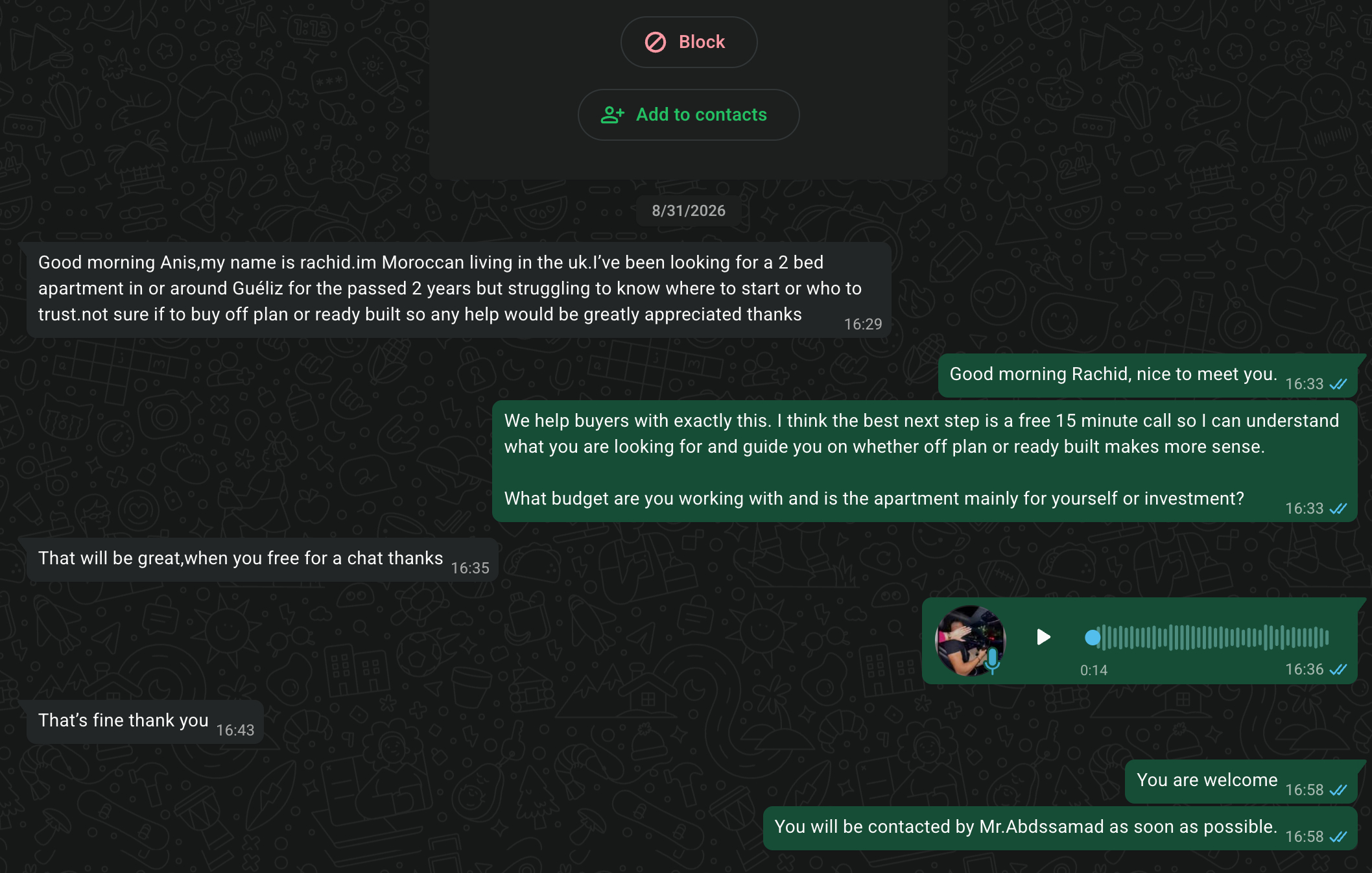 Example WhatsApp conversation from a buyer researching Marrakech property